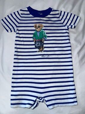 Ralph Lauren Striped Baby Romper with Bear Graphic - Blue & White